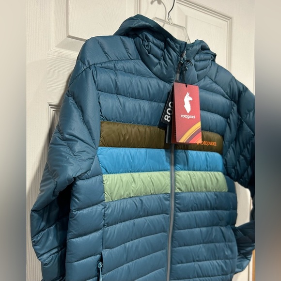 Cotopaxi Men’s Medium Fuego Hooded Down Puffer Jacket Blue Spruce Stripes NWT - Picture 2 of 15